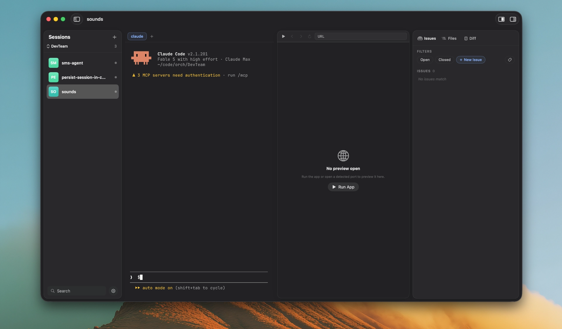 Dhek app with agent sessions, a Claude Code terminal, and GitHub issues side by side